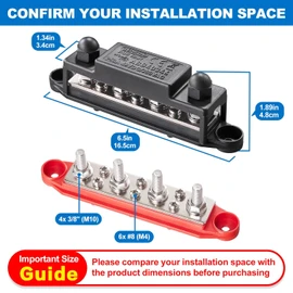 Spurtar 12V Bus Bar Power Distribution Block 4X 3/8'' M10 Terminal Studs 6X M4 Screws 250A Battery Distribution Block 12V/24V/48V for Car Truck RV Boat 6.5x1.34x1.89in - Not for Tight Spaces