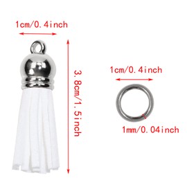 Mini Skater Suede Faux Leather Tassels for Jewelry Making 50Pcs Silver Cap Leather Trim Fringe Tassel Bulk with 50Pcs Jump Rings Sewing Accessories (White)