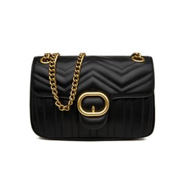 Women Genuine Leather Shoulder Bag Ladies Fashion Clutch Purses Quilted Crossbody Bags With Chain - Black