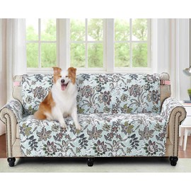 Brilliant Sunshine Beautiful Burgundy Flowers Couch Cover, Quilted Oversized Loveseat Slipcover, 54" Seat Width, Reversible Furniture Protector, 2" Strap, Washable Cover for Kids, Dogs, Cats, Green