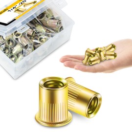 Mywish 200Pcs #10-24 Rivet Nuts, Yellow-Zinc Carbon Steel Flat Head Knurled Body RIV Nuts, Hardware Nuts Threaded Inserts Rivnuts for Wood & Metal, Rivnuts Nutsert Kit
