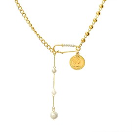 ALRNBY Charm Necklace for Women Gold Chunky Heart Safety Pin Necklace Pearl Necklace Coin Ball Chain CZ Paper Clip Chain Choker Necklace (gold1)