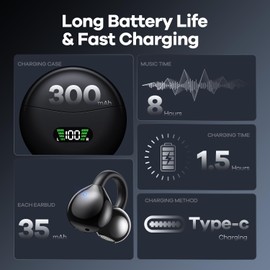 ABCDONG Open Ear Earbuds Bone Conduction Headphones Wireless Clip On Earbuds with Digital Display Charging Case 42 Hours Playtime Bluetooth 5.4 Sport Earphones Built-in Mic for Running Fitness Black