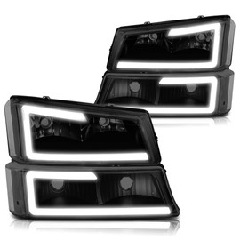 PM PERFORMOTOR [4Pcs-Set LED DRL Headlights+Bumper Lamps Compatible with 03-07 Chevy Silverado Avalanche,Black Housing/Clear Corner