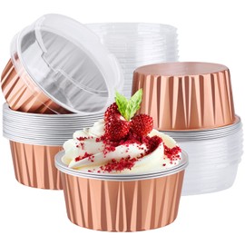 EUSOAR Flan Containers with Lids, 25pcs 5oz Disposable Dessert Holders Aluminum Foil Baking Cups, Mini Muffin Creme Brulee Ramekins Cheesecake Loaf Pan for Catering Wedding Party Favor-Rose Gold