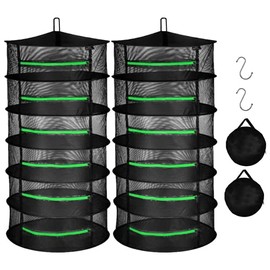 iPower 2ft 6-Layer Herb Drying Rack Breathable Mesh Hanging Dryer with Zippers Foldable Heavy Duty Ring for Garden Plant, Free Storage Bag and Hook Included, 6L 2-Pack, 2 Pack, Black