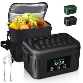 Aurevit Cordless Electric Lunch Box for Adults, 1.4L Heated Lunch Box for Men with Smart Meal Scheduling & Auto Keep Warm, Portable Food Warmer for Car with Insulated Bag, Ice Pack (Meteorite Black)