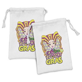 Ambesonne Mardi Gras Fabric Pouch Set of 2, Carnival Girl in Harlequin Costume and Hat Cartoon Fat Tuesday Theme, Small Drawstring Bag for Toiletries Masks and Favors, 9" x 6", Yellow Purple Green