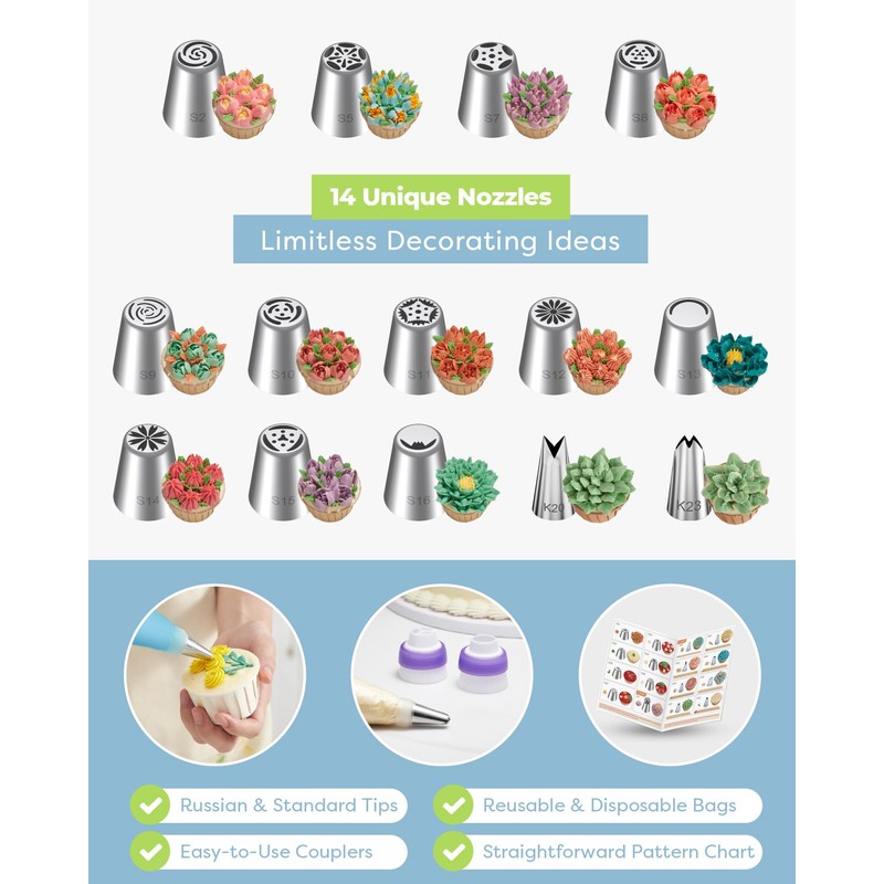 Kootek 48Pcs Russian Piping Tips Set, Piping Bags and Tips