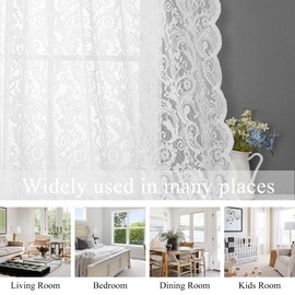 Bujasso White Sheer Lace Curtains 54 inch Vintage Floral Short Curtain Panels for Kitchen Living Room Bedroom Luxury Light Filtering White Drapes Window Treatment Sets Rod Pocket 2 Panels 54" Wx54 L