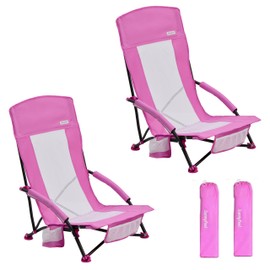 SUNNYFEEL Folding Beach Chair, High Back Beach Chairs for Adults, Lightweight Portable Camp Chair 300lbs Heavy Duty with Carry Bag, Cup Holder for Outdoor Travel Picnic Concert, 2 Pack, Pink