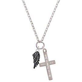 Delight Jewelry Silvertone Medium Black Enamel Angel Wing - She is More Precious Engraved Cross Zoey Necklace, 28"