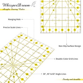 WhisperDream Acrylic Sewing Ruler - 3 Pack Yellow Quilting Rulers - 6.5 x 12 inch Sewing Ruler Clear, Fabric Cutting Ruler with Non-Slip Surface for Precision Cutting, Great for Sewing and Quilting