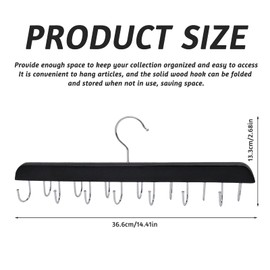 Wooden Belt Hanger for Closet with 14 180° Rotatable Hooks, 36.6×13.3cm Space-Saving Organizer for Belts, Ties, Bras, Tank Tops, Scarves and Accessories