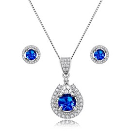 925 Silver Round Cut Blue Corundum Sapphire Teardrop Necklace and Stud Earrings Wedding Jewellery Costume Sets for Women FT022