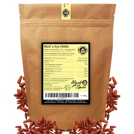 Uncle Spice Birds Eye Chili Whole 80 g Whole Bird's Eye Chilli - PIRI PIRI in Premium Quality, up to 200,000 SHU, Hot Dried Chili Peppers, Value Winner