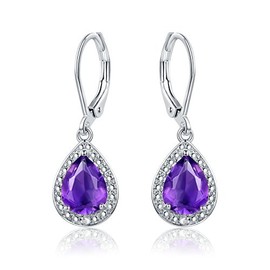 Barzel 18K White Gold Plated Created Amethyst Drop Earrings With Diamon Accent (Amethyst)