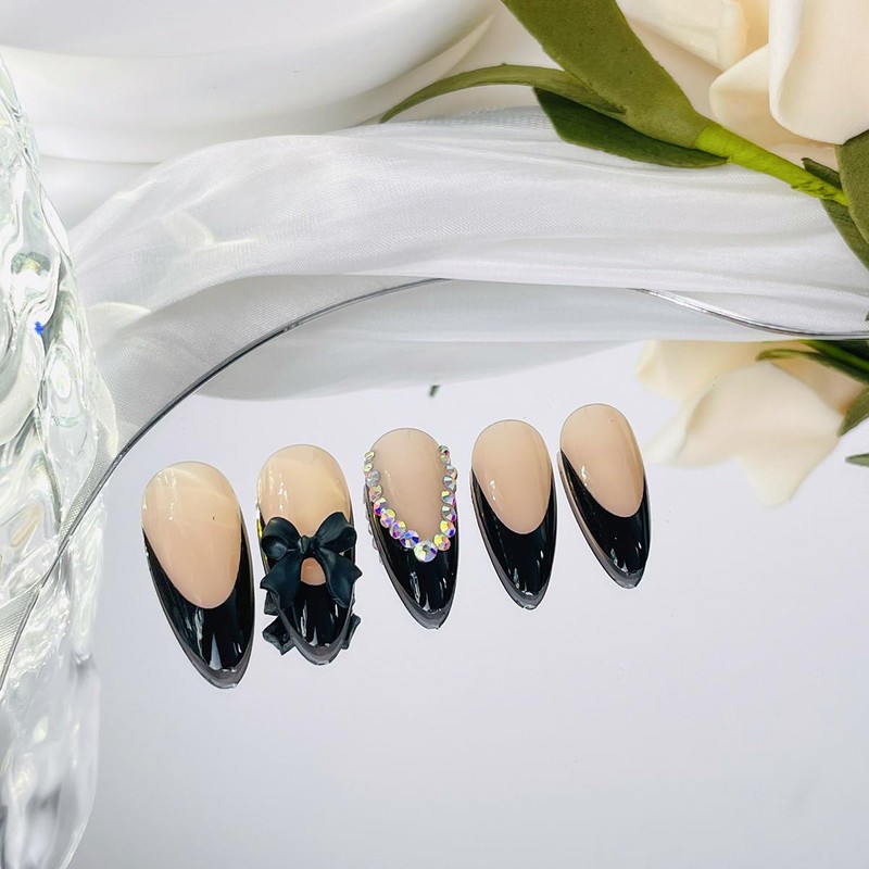 24pcs Press On Nails Medium French Tip Black Almond Shape