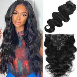 LUMIERE Body Wave Clip In Hair Extensions Real Human Hair Seamless Clip In Hair Extensions For Black Women 120g Grade 10A Brazilian Remy Hair 8Pcs With 20Clips Double Wefts Natural Black 24 Inch