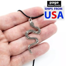 Unbranded Black Leather* 18" Cord Chain Necklace 2" Snake Charms Silver Tone Pendant