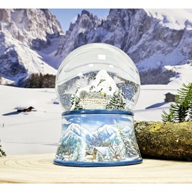 Christmas snow globe with music, snow globe, nostalgic mountain landscape with bridge, base winter landscape, light blue, 100 mm wide, 140 mm high, mechanical music box, winter decoration, 20256