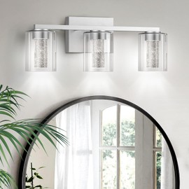 LED Modern Bathroom Light Fixtures Over Mirror, 3-Light Brushed Nickel Vanity Lights with 5 Color Modes, Dimmable Bathroom Vanity Light with Crystal Bubble Glass, 2700K-6500K Adjustable, ETL