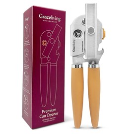 Graceliving Premium Multifunctional Magnetic Manual Can Opener and Bottle Opener, Heavy Duty Stainless Steel Sharp Cutting Blade and Oversized Easy Turn Knob, Soft-Touch Handle, Kitchen Use, Orange