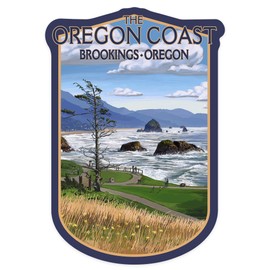 Lantern Press Sticker Brookings, Oregon, Oregon Coast, Haystack Rock Scene, Die Cut Vinyl, (Waterproof Decal for Cars, Water Bottles, Laptops, Coolers), Small