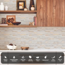 STICKGOO Peel and Stick Backsplash, PVC Wall Tiles Stick on Backsplash for Kitchen(1 Sheet, Beige with Metal Gold)