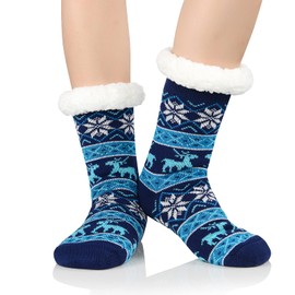 Calcetines peludos para mujer, calcetines de casa, calcetines de invierno cálidos y peludos, calcetines atléticos para Navidad, Azul (Deer), Talla única