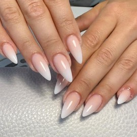 24 uñas postizas de almendra medianas con diseño degradado en rosa y blanco, uñas postizas con punta francesa, uñas acrílicas reutilizables brillantes