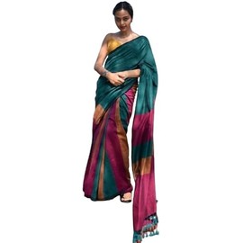 Women's Designer Striped Indian Handloom Ethnic Cotton Saree With Tassels Unstitched Blouse Piece (Teal)