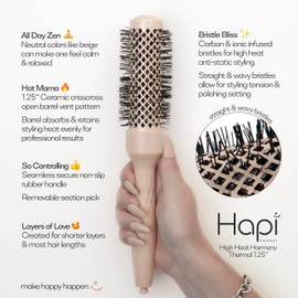 Cricket Hapi High Heat Harmony Thermal Brush - 1.25" Ceramic Barrel, Round Brush for Heat Styling with Hair Dryer, Mood-Friendly - Beige
