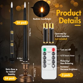 24 Pack Flameless Taper Candles with Remote Control and Timer Flickering LED Taper Candles Realistic 3D Flame LED Window Candles with Base Holiday Wedding Home Decor (Black)