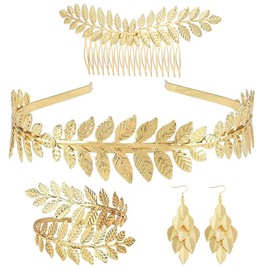 VIDSTW Greek Goddess Costume Laurel Wreath Jewellery Set Includes Earrings Bracelets Necklace Hair Bands Hair Combs Bay Leaves Jewellery Set for Bride Wedding Toga Party, Alloy Steel