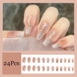 Generic 24Pcs Silver Butterfly Press on Nails Medium Square Manicure Art Acrylic Fake Nails with Star Rhinestones Design Glossy Glue on Nails Reusable Gradient Stick on Nails for Women Girls Manicure