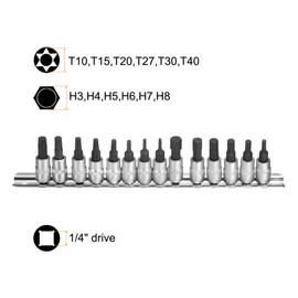 sourcing map 12pcs Torx Hex Bit Socket Set 1/4" Square Drive H3-H8 T10-T40 Metric Star 6 Point Extension Impact Bit Power Nut Driver Set S2 & CR-V Steel Socket Ratchet Wrench Bits
