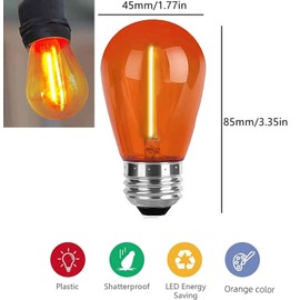 Minsily 15 Pack S14 LED Light Bulb Orange Christmas Replacement Bulbs 1W S14 Led String Light Plastic Shatterproof Edison Bulb E26 Base Decorative Bulb for Outdoor Home Patio Halloween Christmas Decor