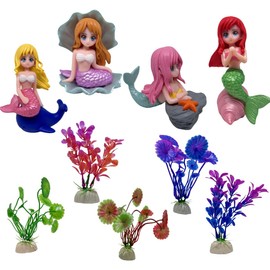 9 Pcs Cute Fish Tank Mermaid Decor With Simulated Water Plants. Colorful Mermaid Decor for DIY Micro Landscape, Desk Mermaid Theme Figurine, Flower Pot ,Cupcake Toppers ,Garden Pond Dollhouse Decor
