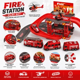 Kids Fire Station Parking Garage Toy Set – Multi-Level Vehicle Track Playset for Preschool Learning & Gifts
