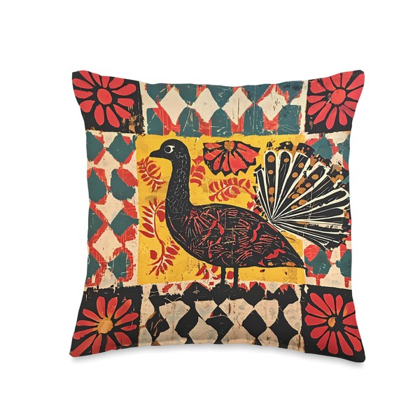 Folk Art Turkey With Fan Tail Graphic Throw Pillow