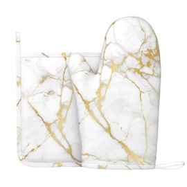 Oven Mitts and Pot Holders Sets White Gold Kitchen Accessories Marble Silicone Non-Slip Heat Resistant Gloves for Kitchen,Cooking,Baking,BBQ (White Gold)