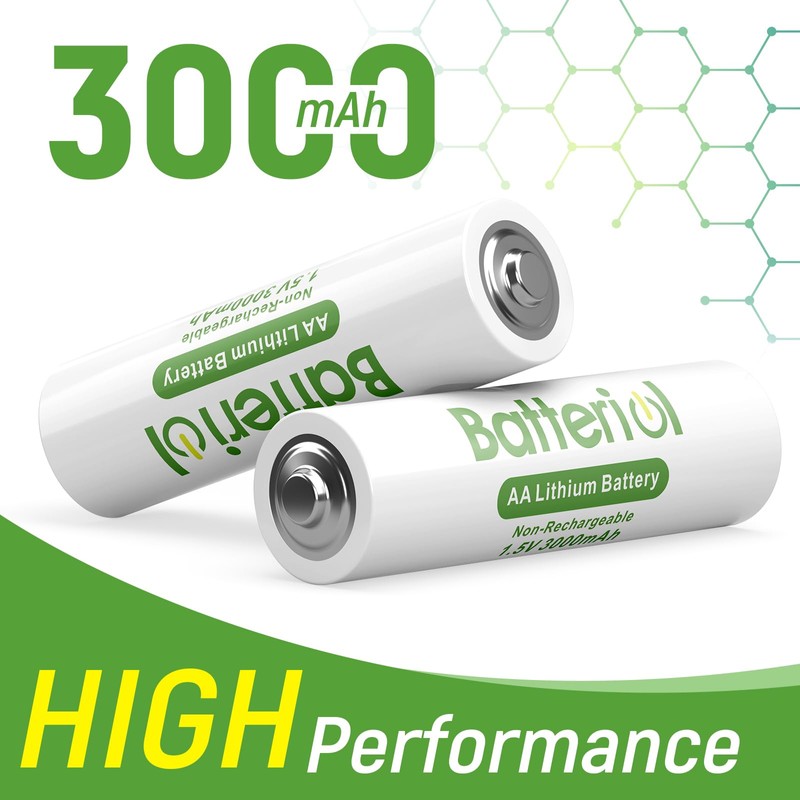 Batteriol Lithium Batteries AA, Double A Batteries 3000mAh 1.5V Long