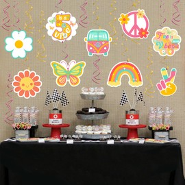 19Pcs Girl's 5th Birthday Hanging Swirl Decorations, Five is a Vibe Party Streamers Hanging, Daisy Flower Retro Themed Hippie Five Years Old Birthday Party Ceiling Decorations