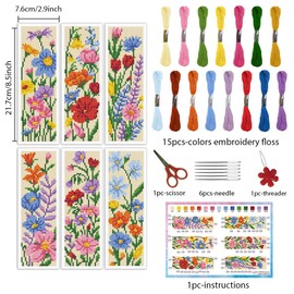 INFUNLY 6 Set Wildflowers DIY Cross Stitch Bookmark Kits for Beginners Colourful Flowers Counted Cross Stitch Kit with Instruction Floral Stamped Embroidery Bookmark Kit for Book Lovers Readers Gift
