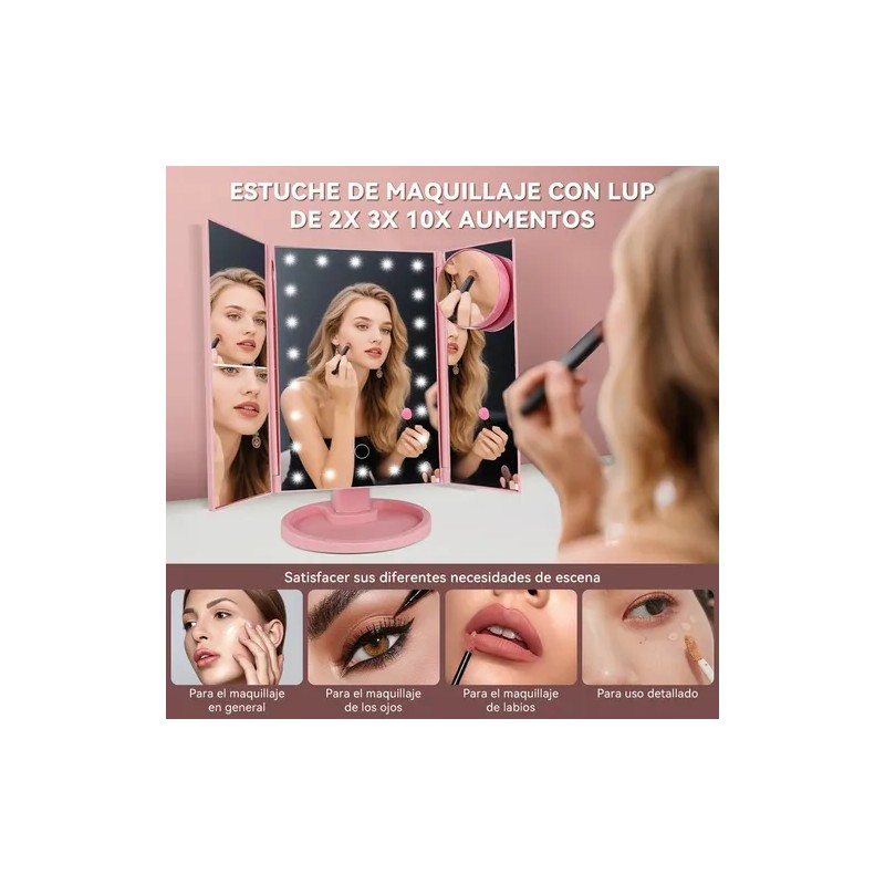 Espejo Maquillaje Luz Tríptica Aumentos 10x/3x/2x Plegable 22 Leds De