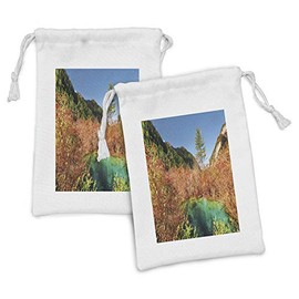 Ambesonne Nature Fabric Pouch Set of 2, Idyllic Fall Landscape with a Creek Among the Forest in National Park Valley Art, Small Drawstring Bag for Toiletries Masks and Favors, 9" x 6", Green Amber