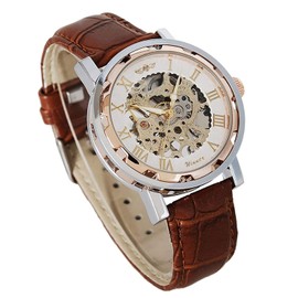 Gute Men's Watch, Mechanical Skeleton Hand-Wind Steampunk Bling Watch for Men Women, Roman Numeral PU Leather Silver Rose-Gold Case Unisex Wrist Watch