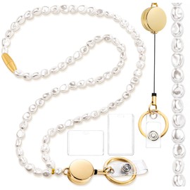 Toykee Pearl Lanyard for ID Badges Women - Baroque Faux Pearl Beaded Badge Holder Necklace with Breakaway Safety Clasp, Waterproof ID Card Holder for Teachers, Nurses, Office Work