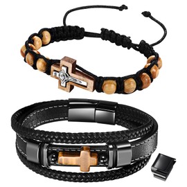 Flongo Cross 2 Piece Bracelet for Men: Catholic Religious Wooden Rosary Bracelet Jesus Crucifix Black Braided Leather Bracelet Tiger's Eye Natural Stone Adjustable Beaded Bangle Gift